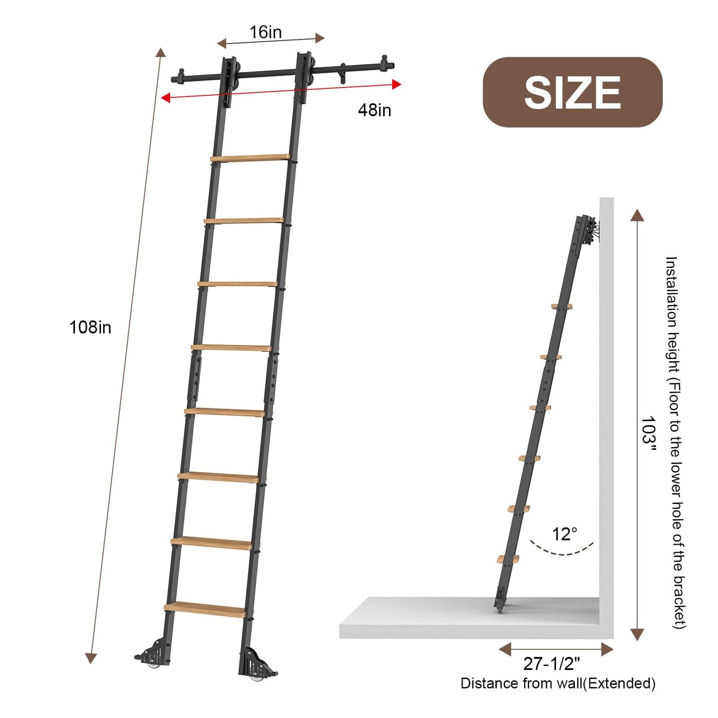 LKCBITION 108inch Carbon Steel Ladder with Oak Steps, Includes 4ft Telescoping Top Rollers & Bottom Brake Wheels Sliding Hardware, Rolling Library Ladder for Loft, Attic, Bookshelf