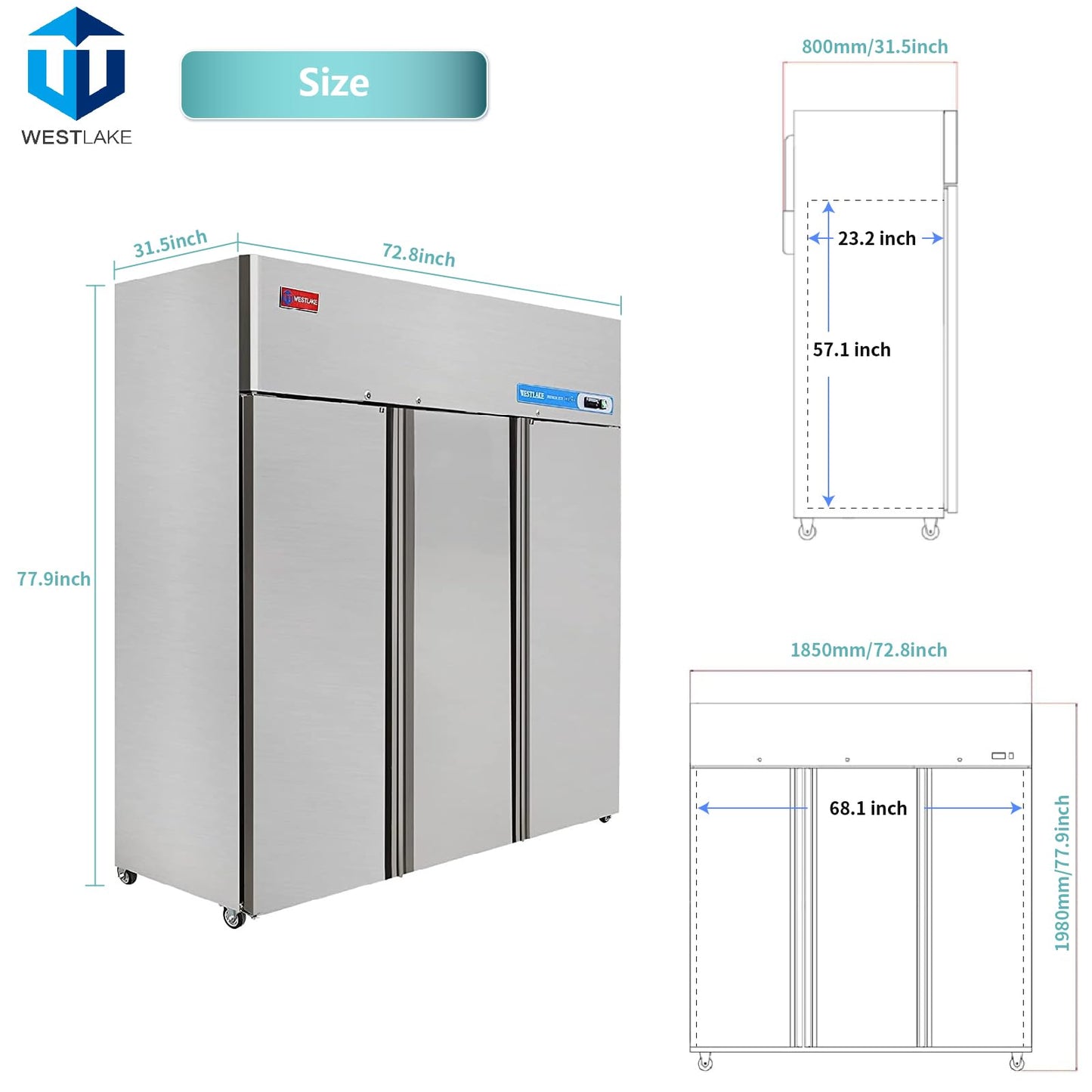 WESTLAKE Commercial Freezer 72"W 3 Door 3 Section Stainless Steel Reach-in Fan Cooling 54 Cu.ft Freezer for Restaurant, Bar, Shop, etc