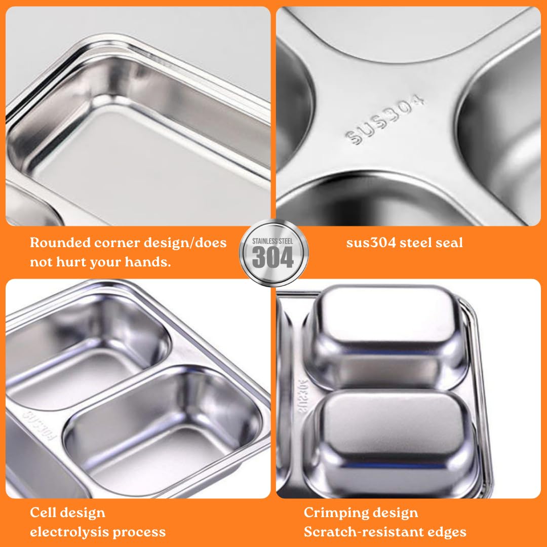 KUNSIMA 2 Pack Snack Containers for Kids, Stainless Steel Toddler Plates with Lids, 3 Compartment Food Container, Baby Plates, Stainless Steel Lunch Box for Kids, Bento Box Meal Prep Containers