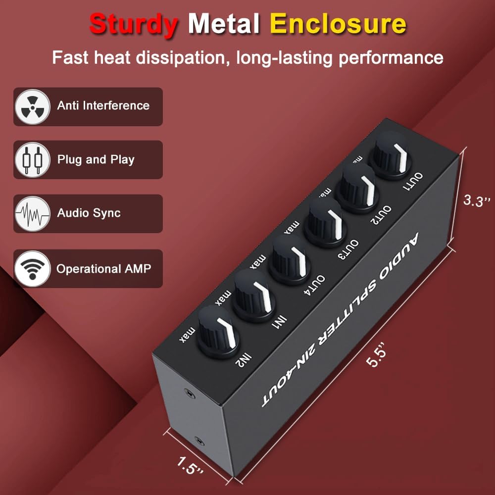 2 4 in Out RCA L/R Audio Splitter Stereo Line Level Distributor Mixer with Independent Volume Control for Home Theater