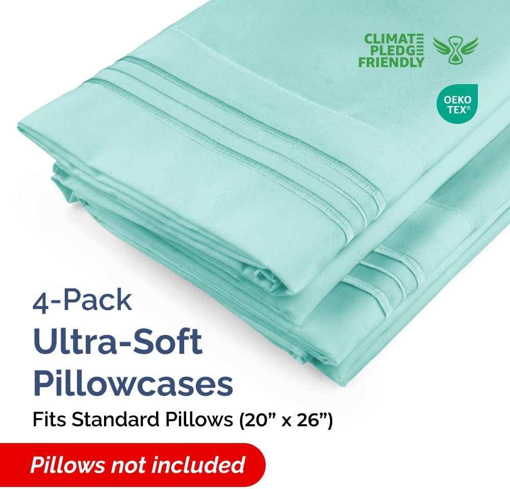 Skiennix Standard Pillow Cases Set of 4 - Ultra Soft Hotel Quality Covers - Machine Washable Spa Blue