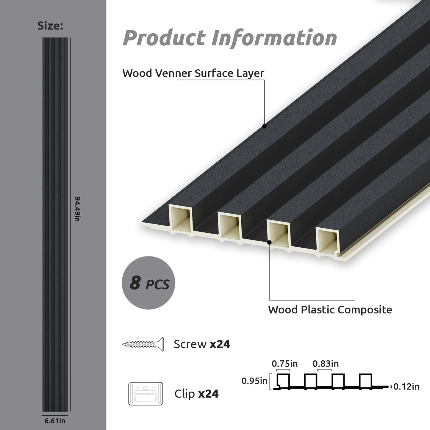 WPC Slat Wall Paneling, Modern Accent 3D Wall Panels, 8-Piece 94.5" x 6.3" TV Wall Panel, Bedroom, Living Room, Matte Black
