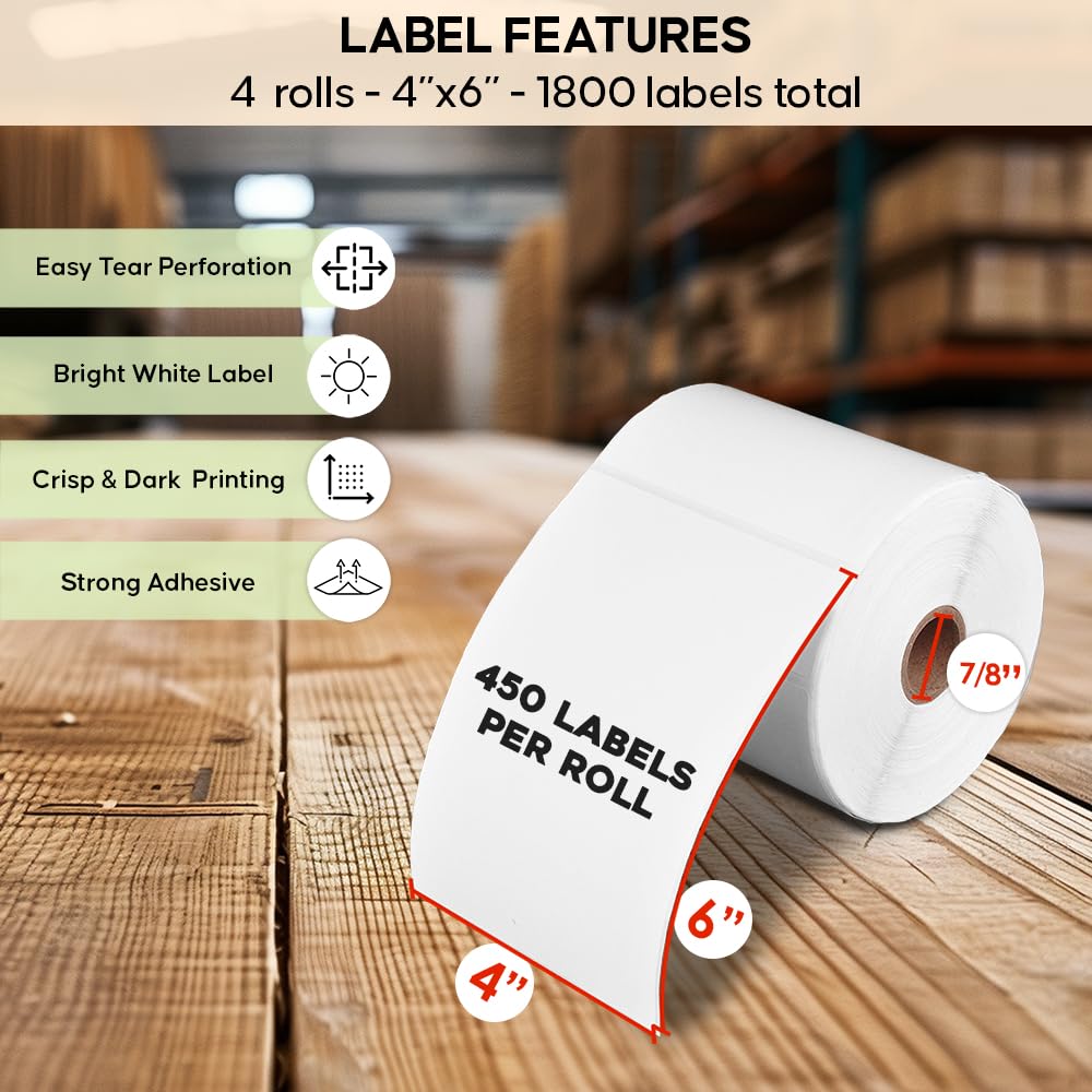 4 Rolls of SL450 4x6 Shipping Label (450 Pages per roll) Support Arkscan Label Printers, Compatible w/Zebra LP2844, Zp-450, Zp-500, Zp-505 and Other Brands, It's Designed for Direct Thermal, White.