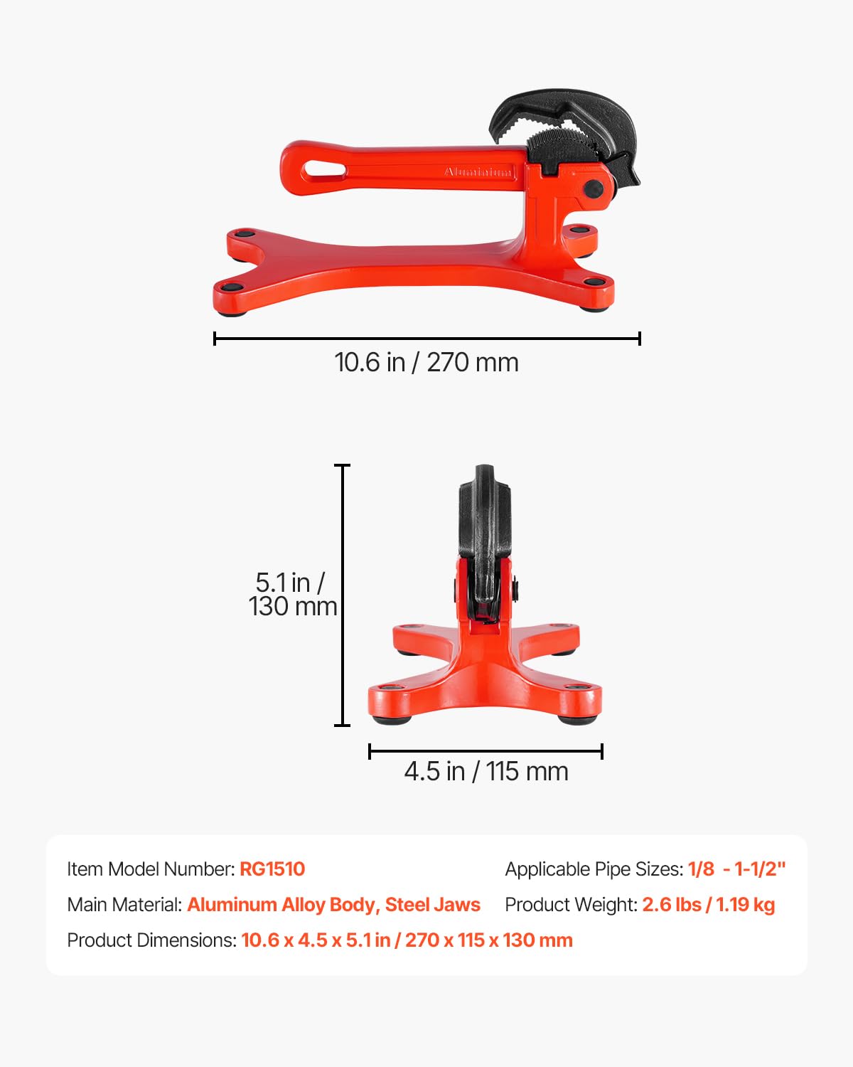 VEVOR Portable Pipe Vise, Lightweight Aluminum Pipe Vise with 1/8" to 1-1/2" Clamping Capacity, Ideal for Onsite Plumbing Installation, Repair, and Maintenance