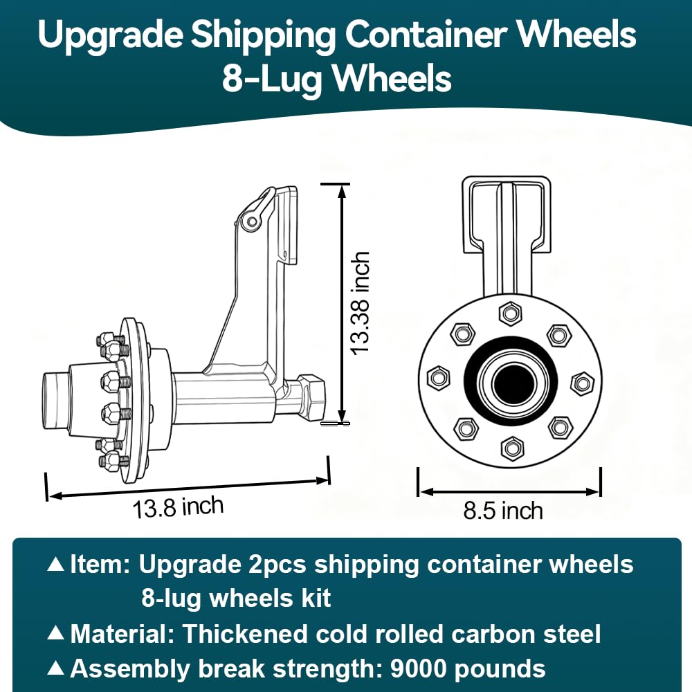 Upgrade 2 Pack Shipping Container Wheels 8-Lug Wheels Kit, Shipping Container Axle, Heavy Duty Shipping Container Accessory with Ratchet Tie Downs for Moving 20ft - 40ft Container