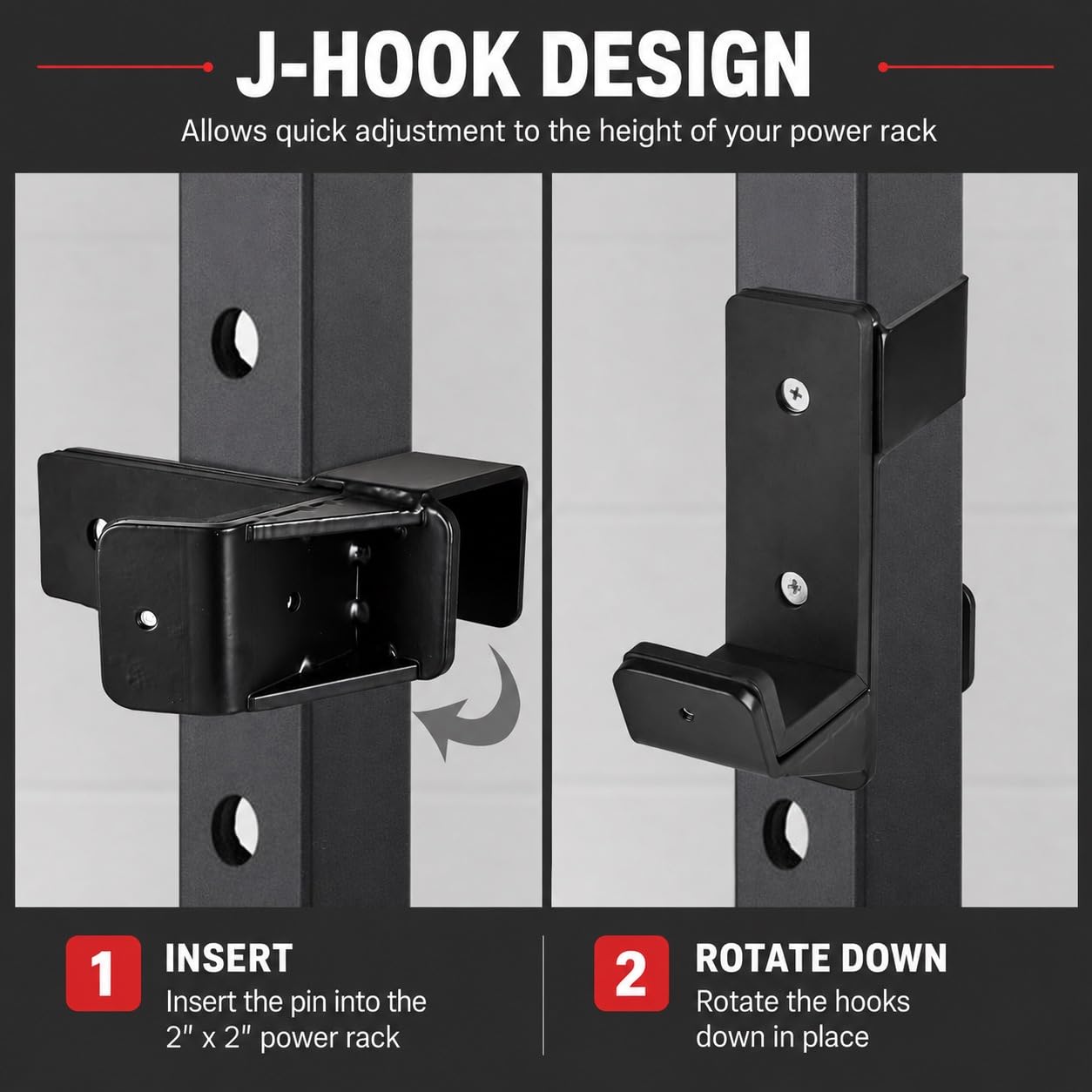 AINAFIX J Hooks for 2" x 2" Power Rack with 1" Hole, Rubber Pad J-Hook for Power Cage, Bottom Reinforced Steel J Cups for Squat Rack, Heavy Duty Barbell Holder, Black