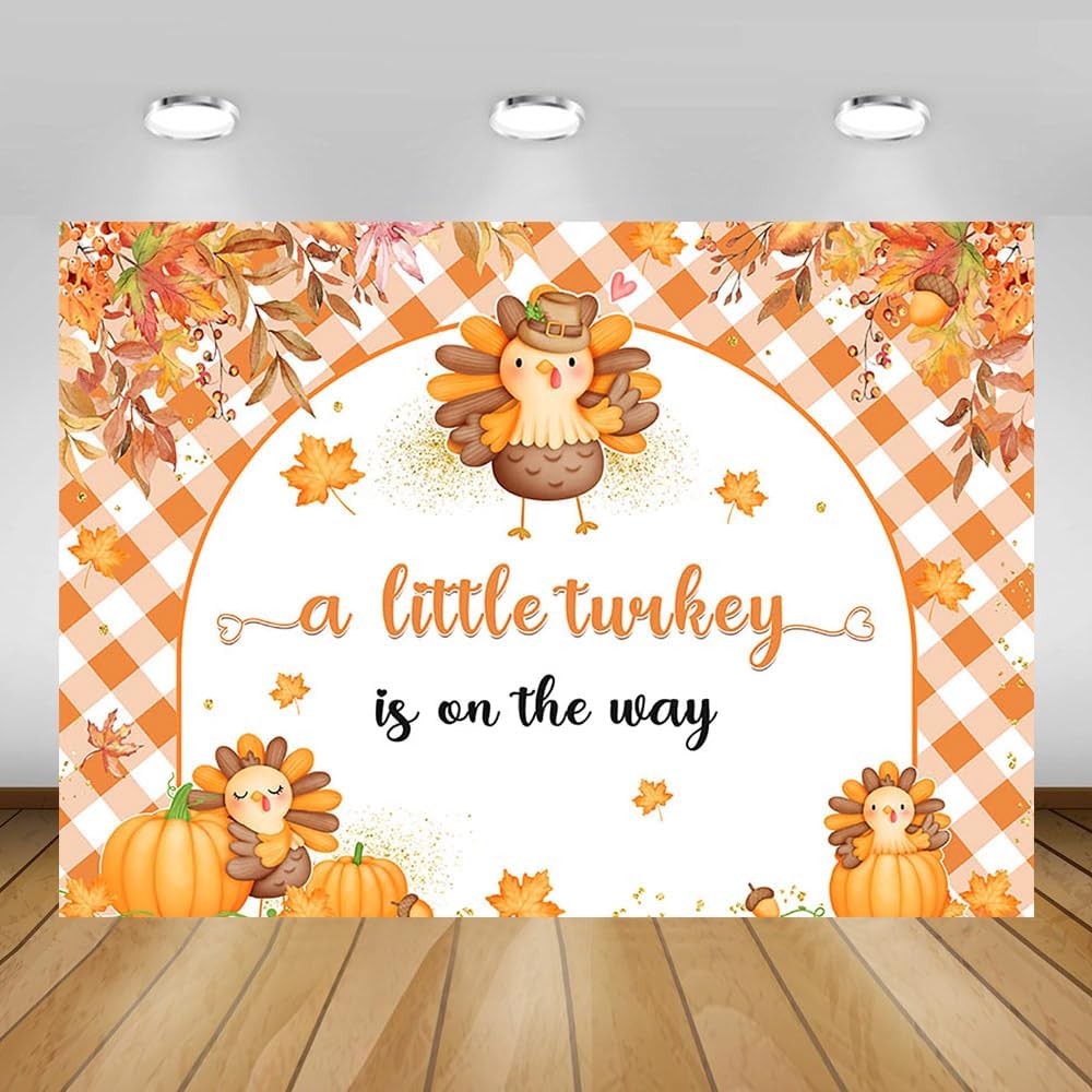 AIBIIN 7x5ft Thanksgiving Baby Shower Backdrop A Little Turkey is On The Way Party Banner Fall Turkey Pumpkin Baby