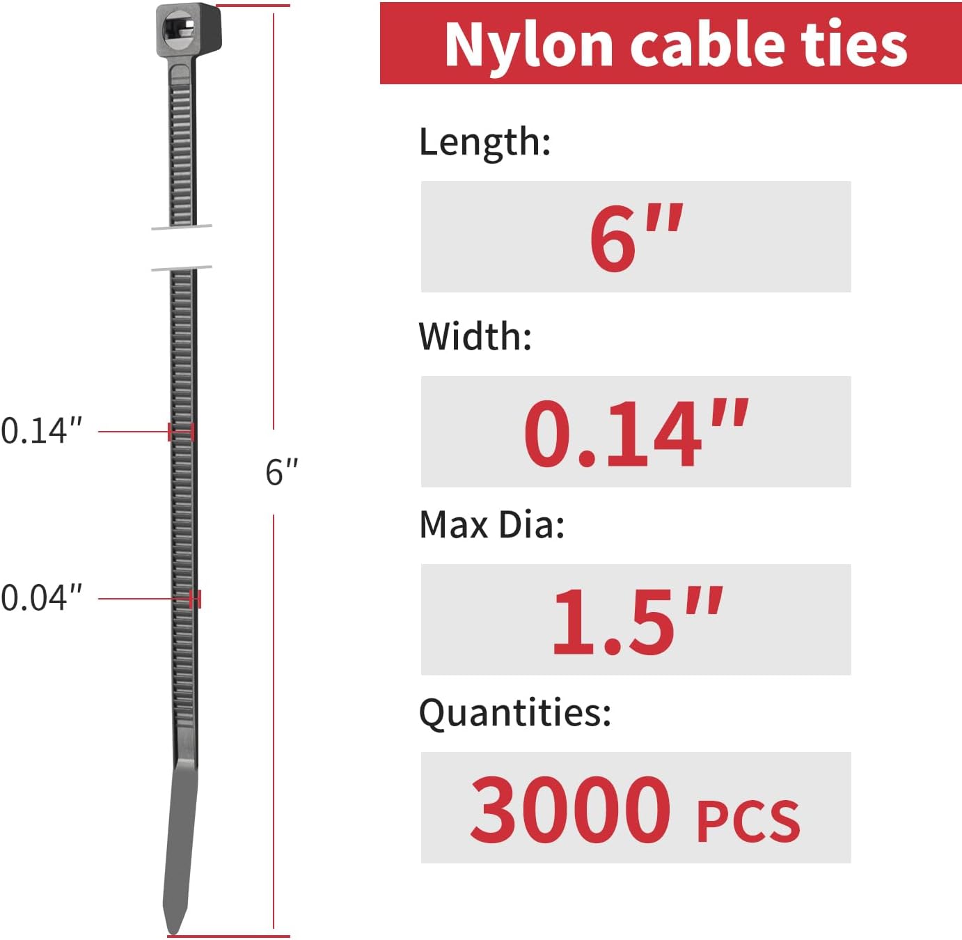 3000 6 Inch, 40 LBS PA66 BethTie PCS Black Zip Ties Tensile Strength, Self-Locking Nylon UV Resistant Cable Ties
