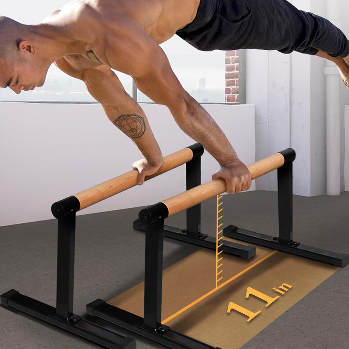 Bounabay 11.8" High Wooden Parallel Bar and Dip Bar with Thick Beech Handles, Push-up Bar, Rock-Free Fitness Equipment for Handstand, L-Sit, Gymnastics, Strength Training Home Gym,440lbs