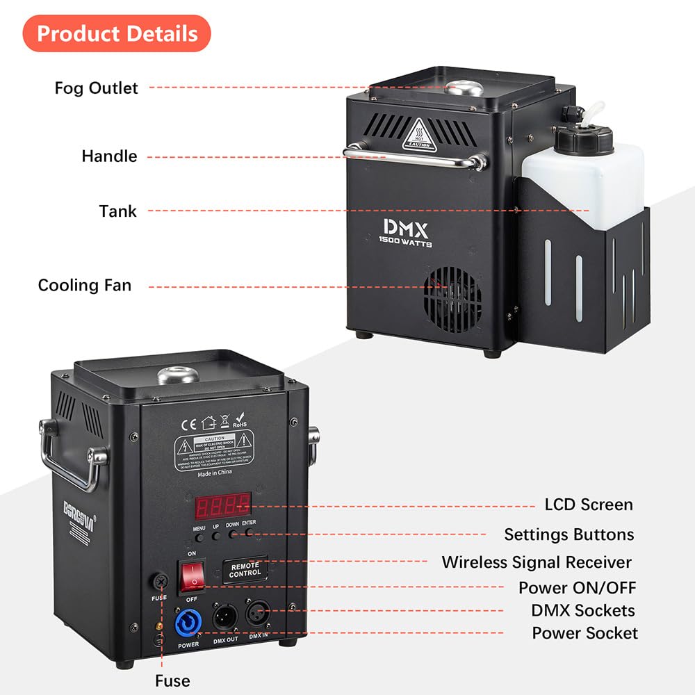 BORGOVA Vertical Fog Machine 1500W, DMX & Remote Control, 30ft Smoke Range, Timer - Stage DJ Halloween Party Effects (BF-06)