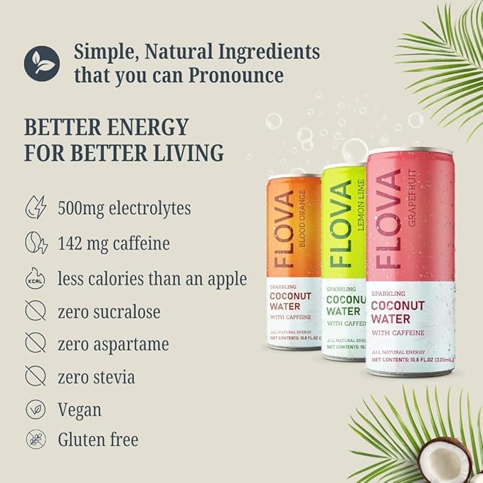 Flova Blood Orange Energy Drink, All Natural, Electrolytes and Minerals from Coconut Water, 4 Simple Easy to Pronounce Ingredients, 99% Juice, Pack of 12 Cans