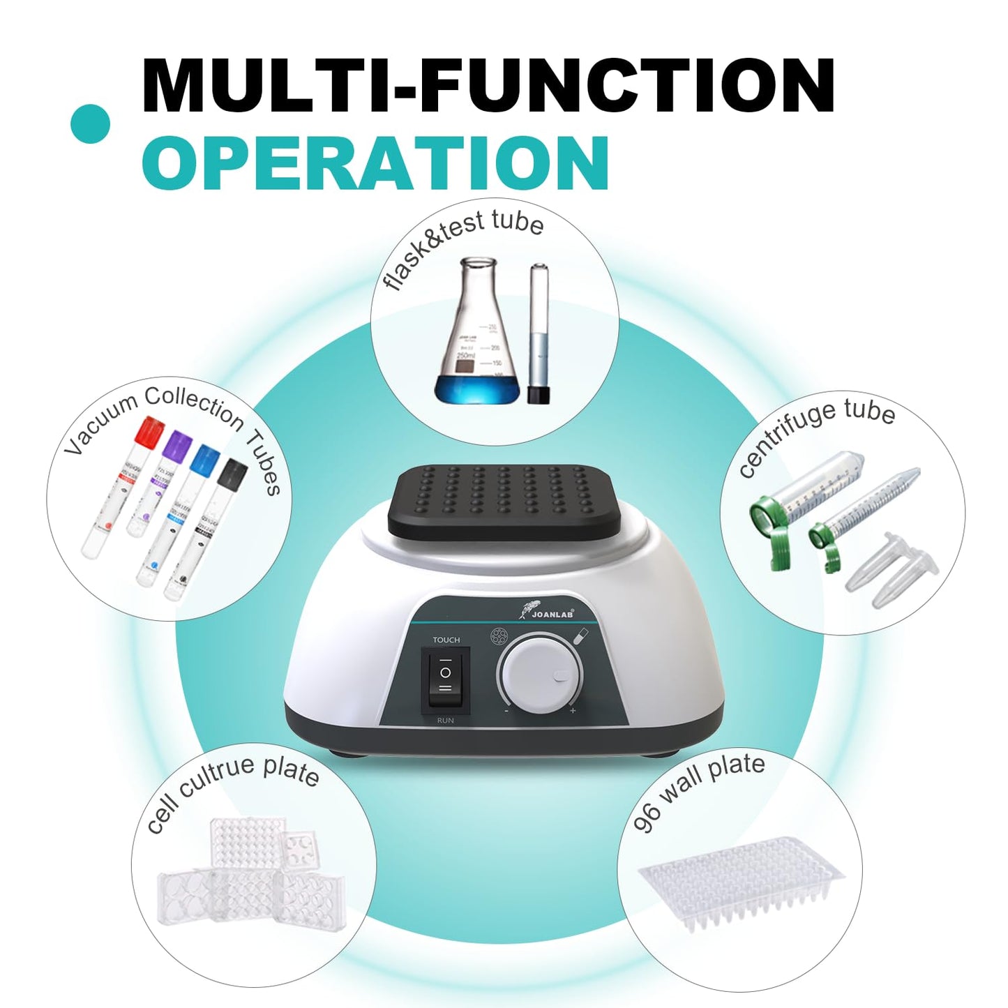 JOANLAB Lab Multifunction Vortexer Laboratory Vortex Shaker with 7 Modules for 0.2ml/0.5ml/1.5ml/2ml/ 5ml/15ml/50ml Tube 96-Well Plate Flask Continuous & Touch Modes 0 to 3000 RPM Adjustable