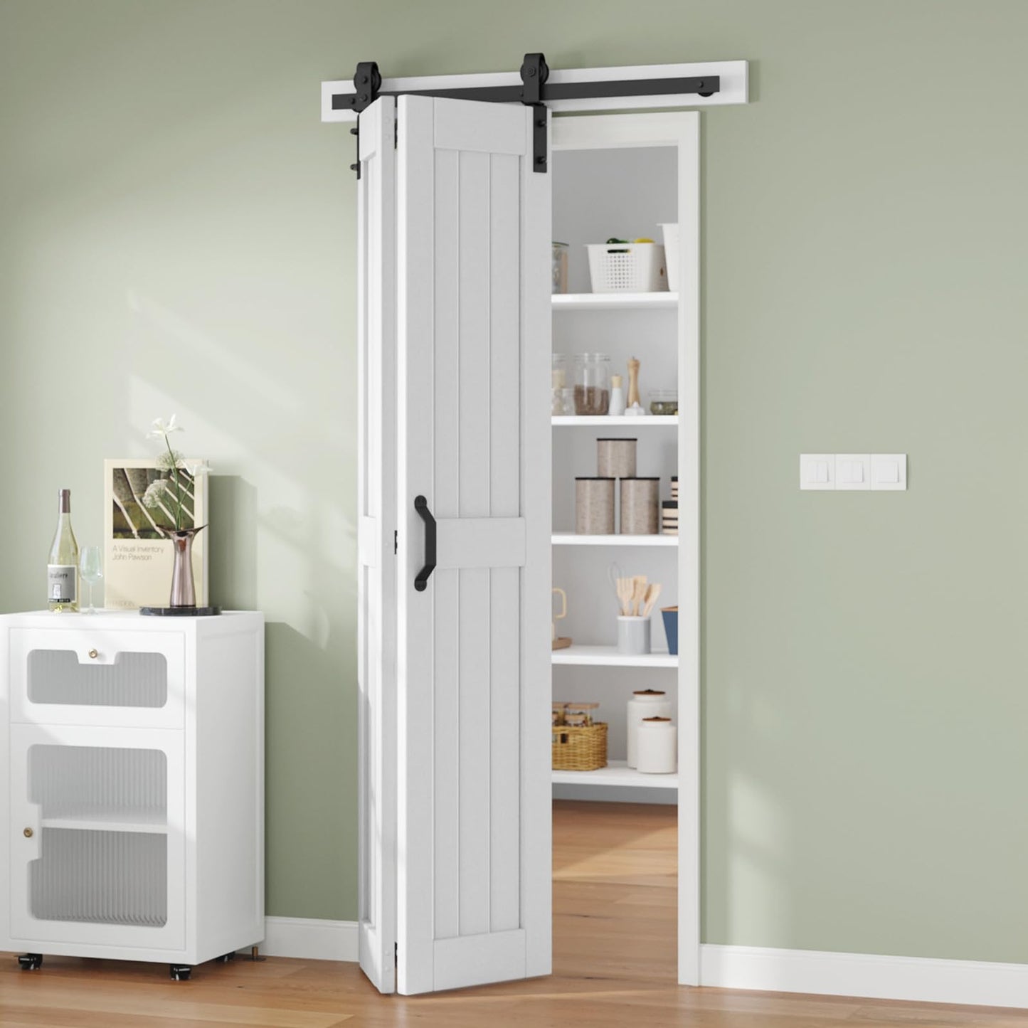 Finosen Bifold Barn Door 36 x 84 in (Double 18 inch)，Bi-fold Sliding Closet Doors with Hardware Track kit Included, 3.3ft Rail for 2 Doors, MDF Wood Panel,PVC Surface, Save Space,DIY Assembly, White