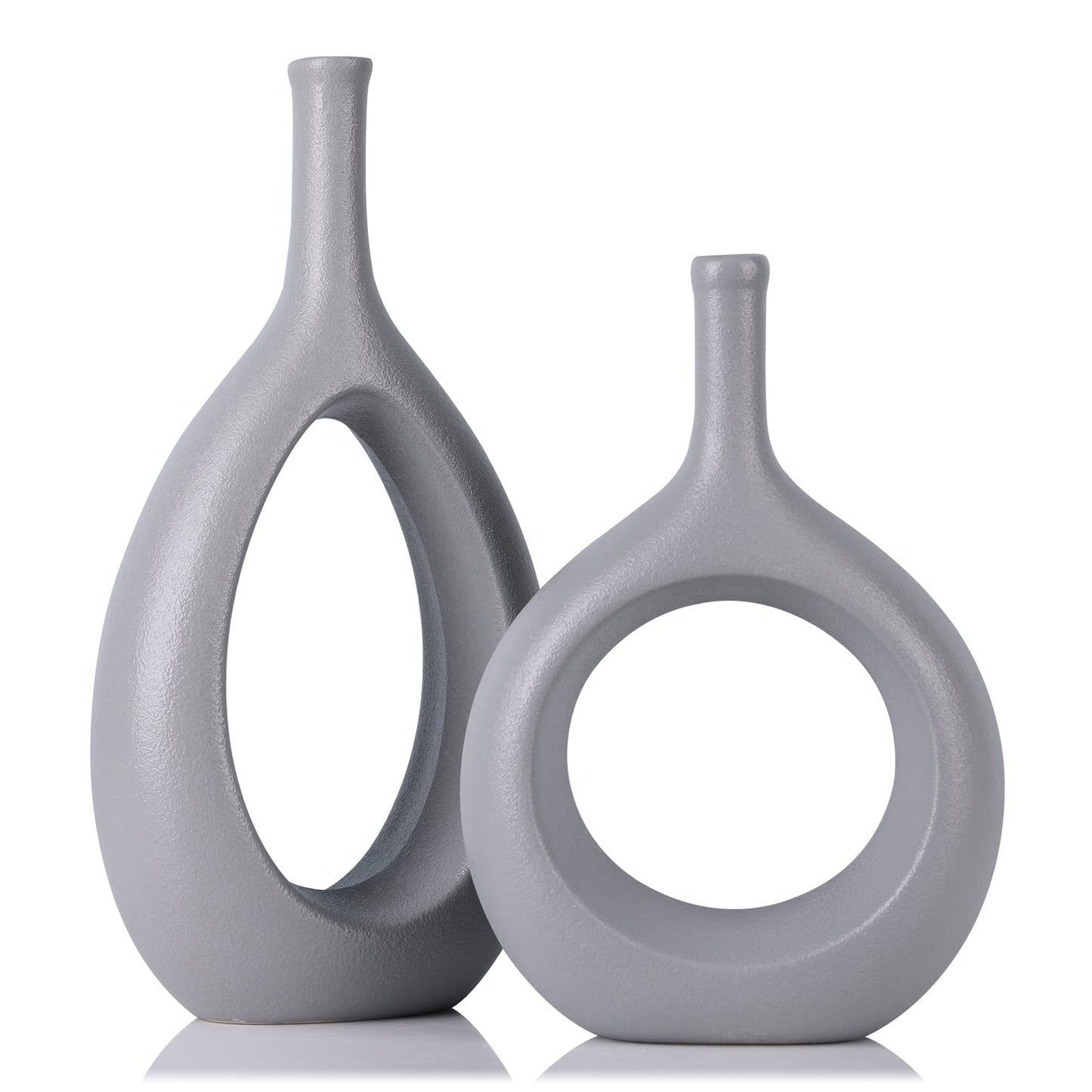 Gray Ceramic Hollow Elliptical Vase Set of 2 - Boho Circle Vase with Hole, for Modern Grey Table Decor, Living Room Decor Shelf mid Century Modern Home Entrance Decorative vase