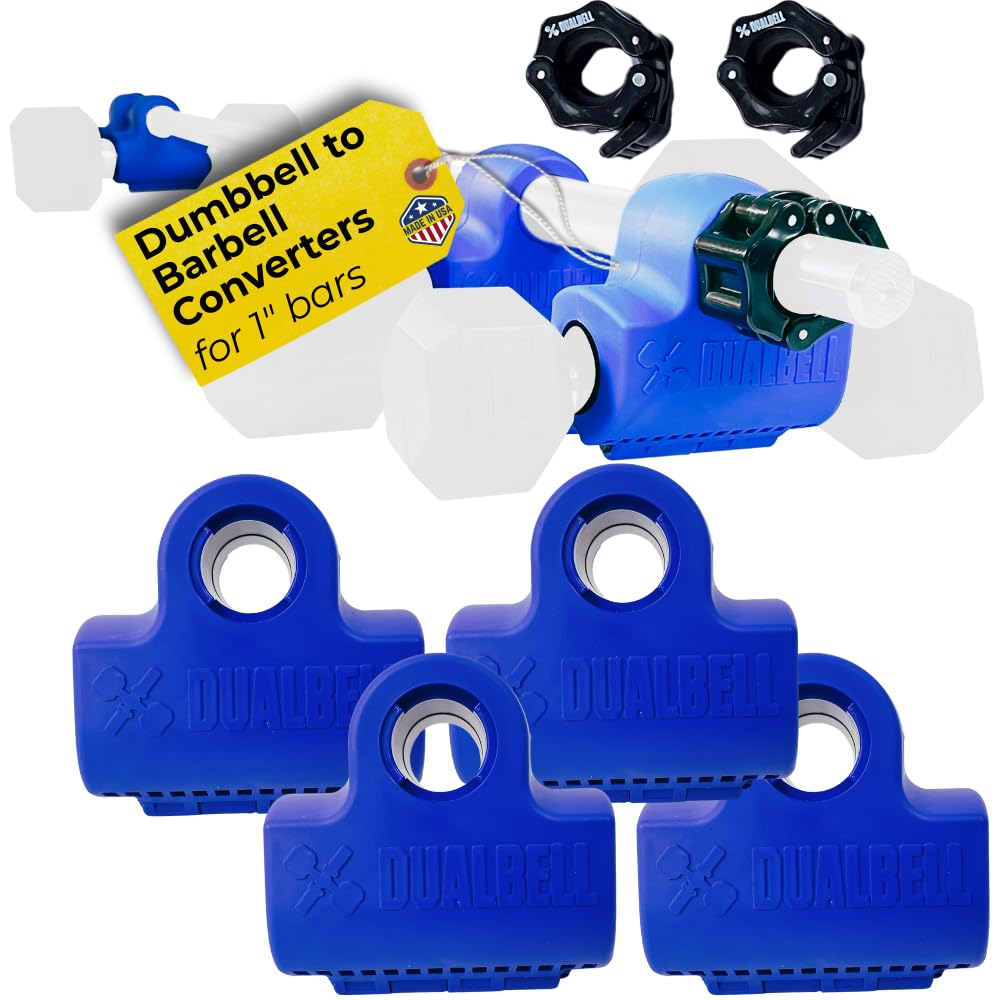 Dualbell Dumbbells to Barbell Converters- Quick Setup Dumbbell Connectors, 500lb Capacity Barbell Adapters, Secure Fit, Quick Setup, Fits 1" Bars, Home Gym Equipment, 2 Pairs w/Black Weight Collar