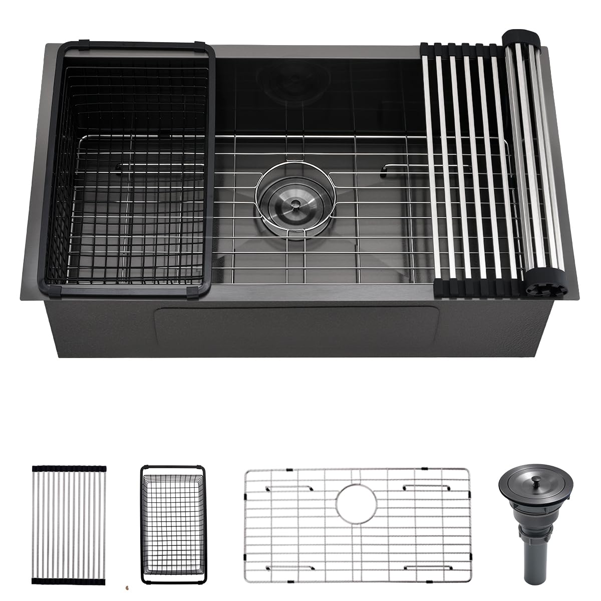 30 Black Stainless Steel Undermount Kitchen Sink, Luckyhorse 30" x 17" x 9" 18 Gauge Gunmetal Black Stainless Steel Undermount Kitchen Sink LH025SQ