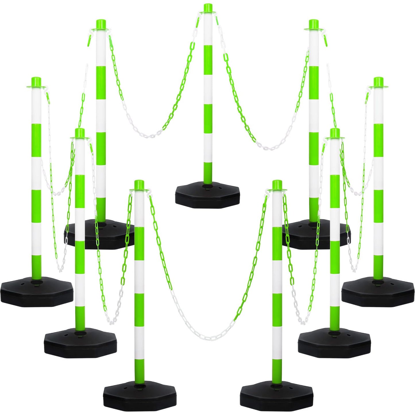 Amylove 9 Packs Traffic Delineator Post Cone with Base, Traffic Cones Safety Cones Caution Cones Plastic Stanchion Chain Safety Barriers with 6.6 Feet Link Chain and S Hooks for Parking Lot (Green)