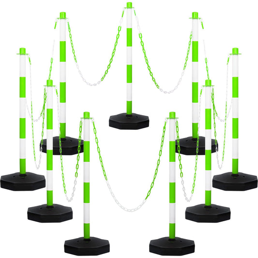 Amylove 9 Packs Traffic Delineator Post Cone with Base, Traffic Cones Safety Cones Caution Cones Plastic Stanchion Chain Safety Barriers with 6.6 Feet Link Chain and S Hooks for Parking Lot (Green)