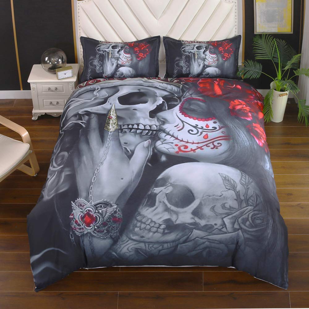 Suncloris 3D Dark Gothic Sugar Skull Roses Queen Duvet Cover Set 3Pcs (Queen)