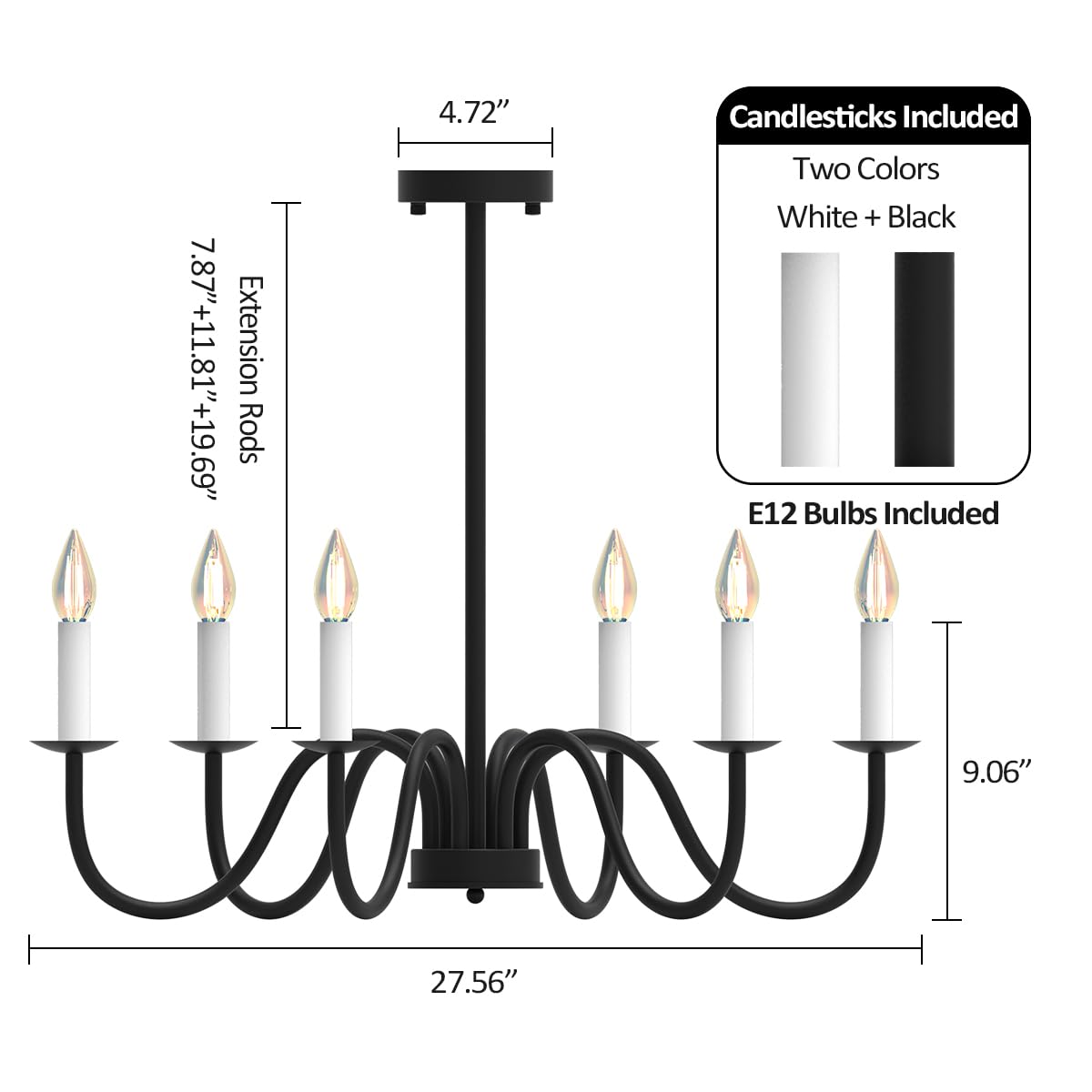 Isamacc 6-Light Chandelier, Wrought Iron Black Chandelier with Adjustable Height, Industrial Hanging Light Fixture for Dining Room, Living Room, Foyer, Bedroom