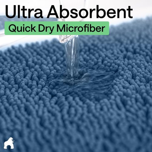GORILLA GRIP Bath Rug Mat - Soft Absorbent Chenille | Quick Dry Microfiber, 60x17, Blue