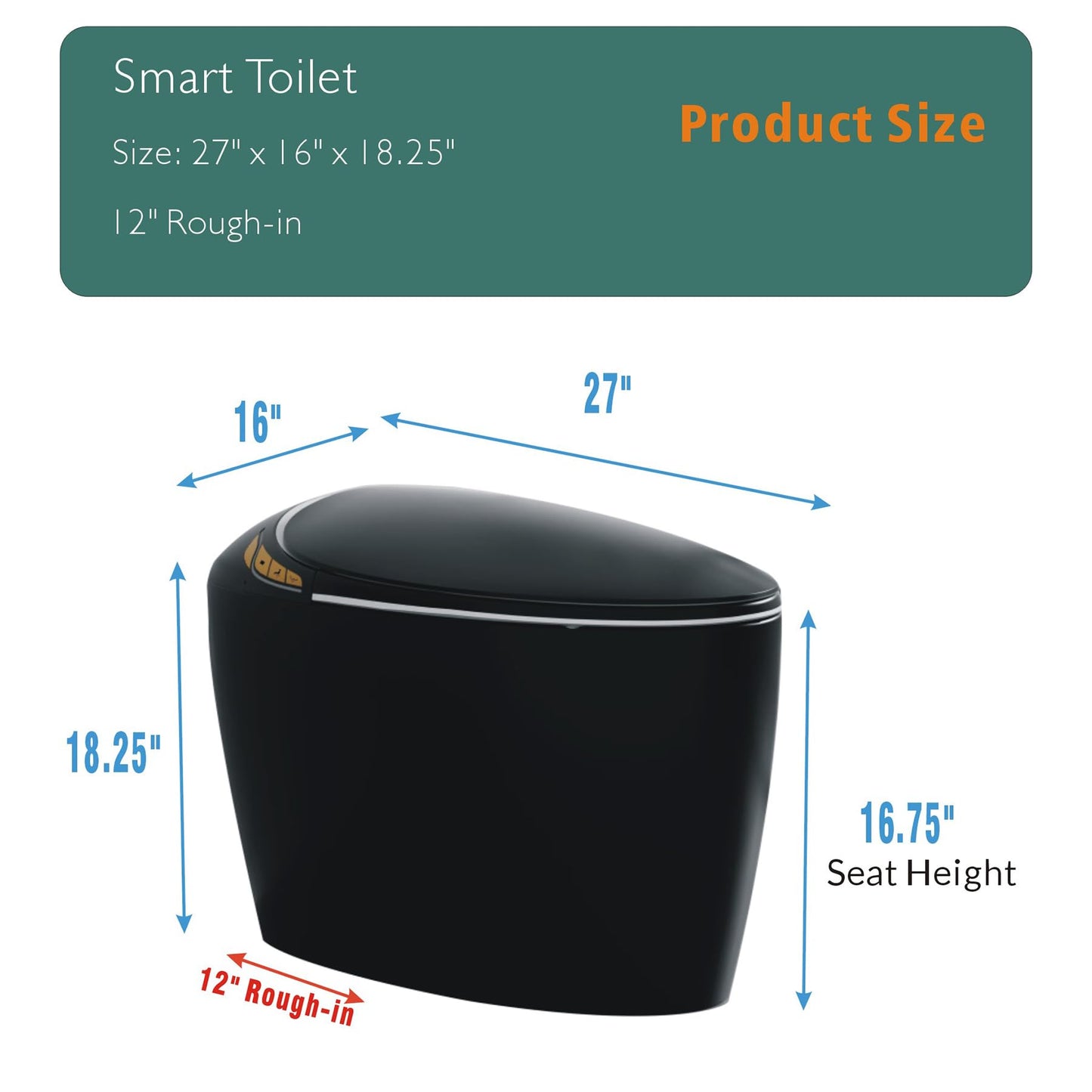 Unique Smart Toilet with Bidet Built In, Intelligent One Piece Toilet For Modern Bathroom, Auto Open/Close Seat, Foot Sensor, LED Display,Night Light, Warm Water & Dryer (Black)