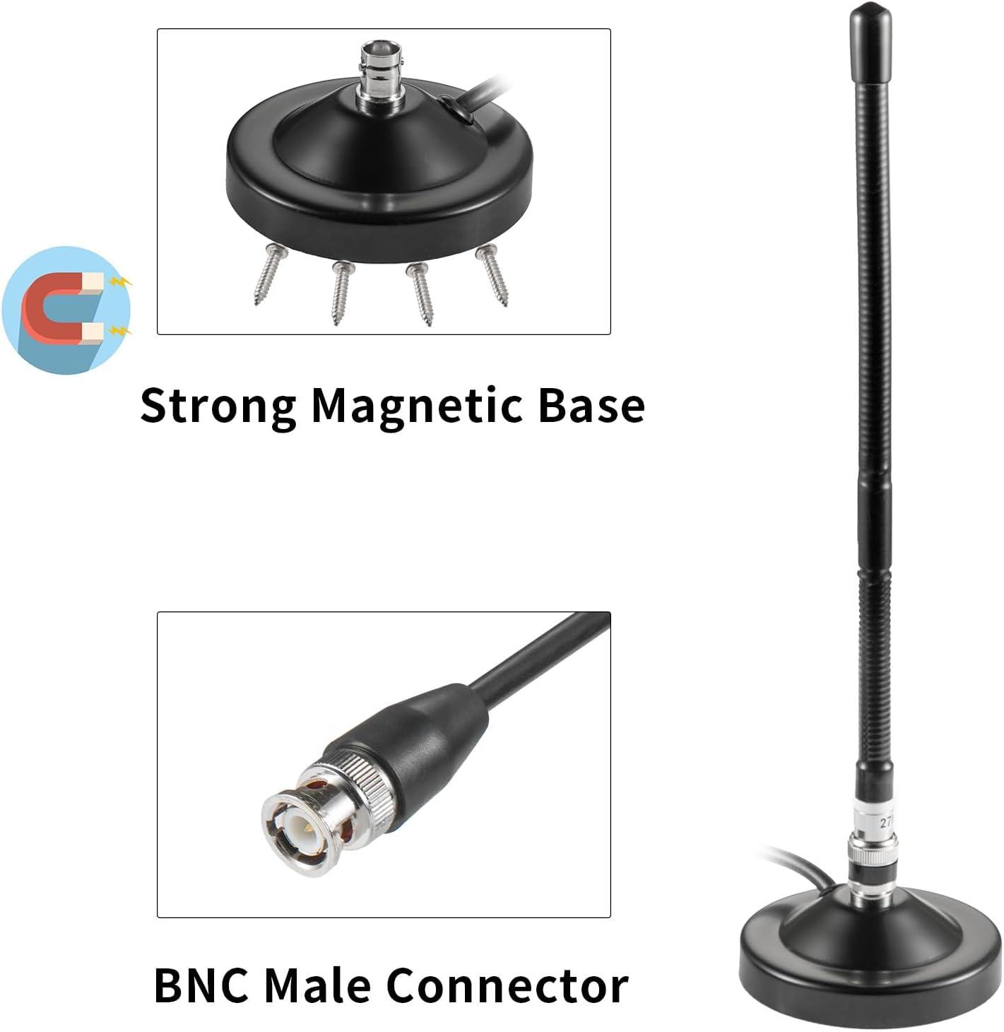 eifagur 27MHz Long Range Heavy Duty Magnetic Base Station Soft Whip CB Radio Antenna Kit for Cobra Midland Uniden Maxon