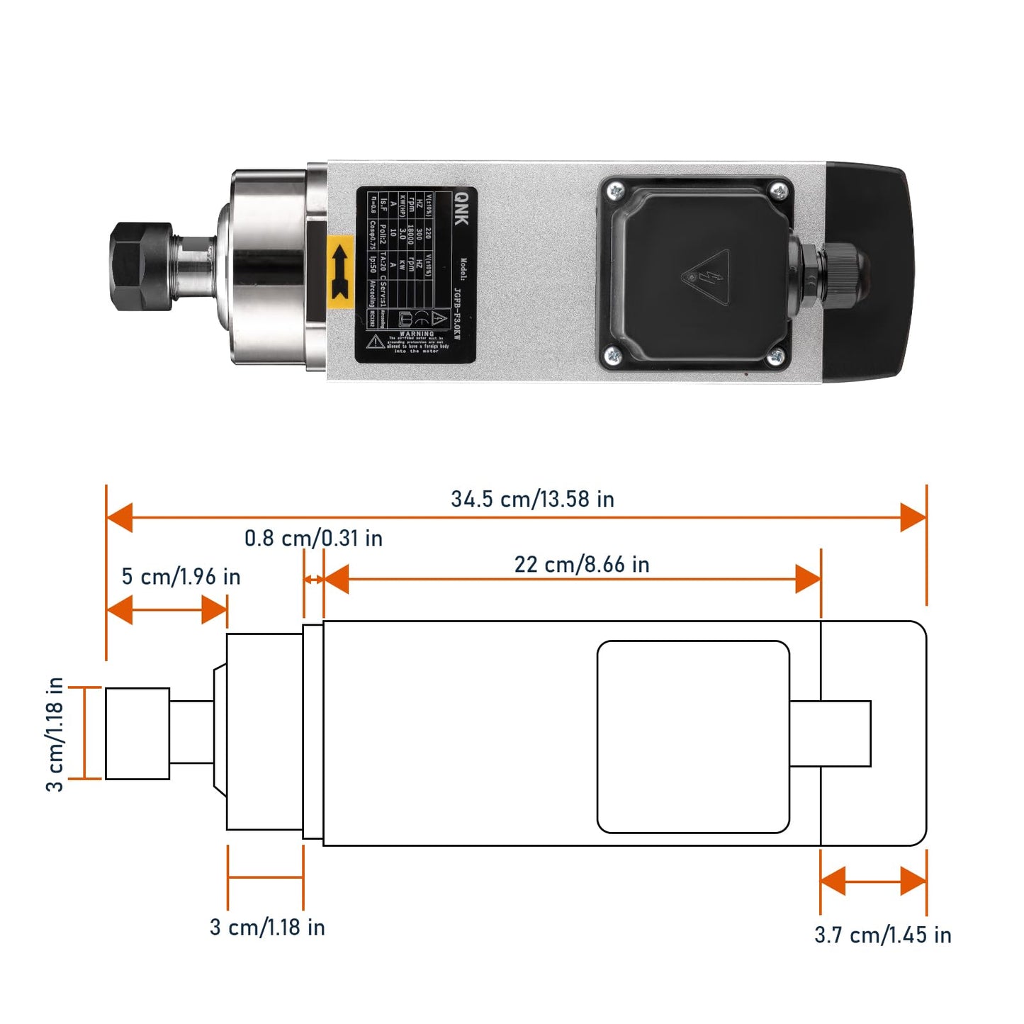 QNK CNC Spindle Motor, 3KW Air Cooled Spindle Motor 220V ER20 18000RPM, High Speed 10A 300Hz Air Cooled Round for CNC Router Engraver Milling Machine