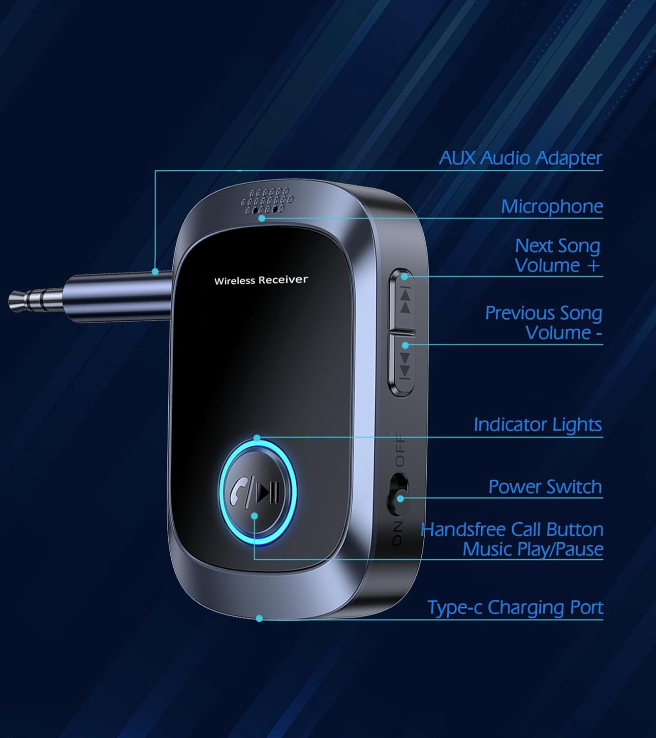 KAIY 11H Bluetooth AUX Adapter for Car, Auxiliary Bluetooth Adapter for Car Music & Handsfree Call, Battery Life