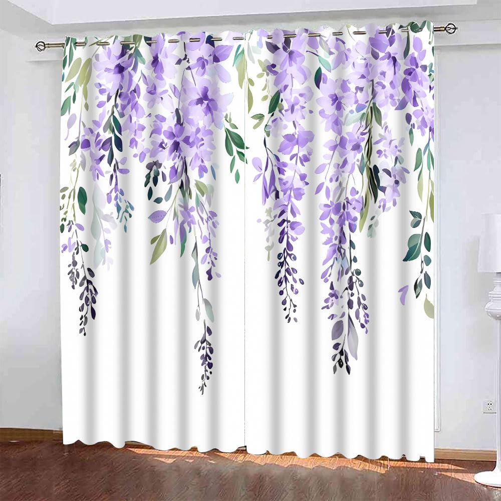 EOTDMS Purple Watercolor Floral Curtains 84 inches Long, Botanical Leaves Vine Wisteria Flowers Rustic Farmhouse Curtains, Blackout Window Treatment Drapes for Bedroom Living Room 52x84inch, 2 Panels