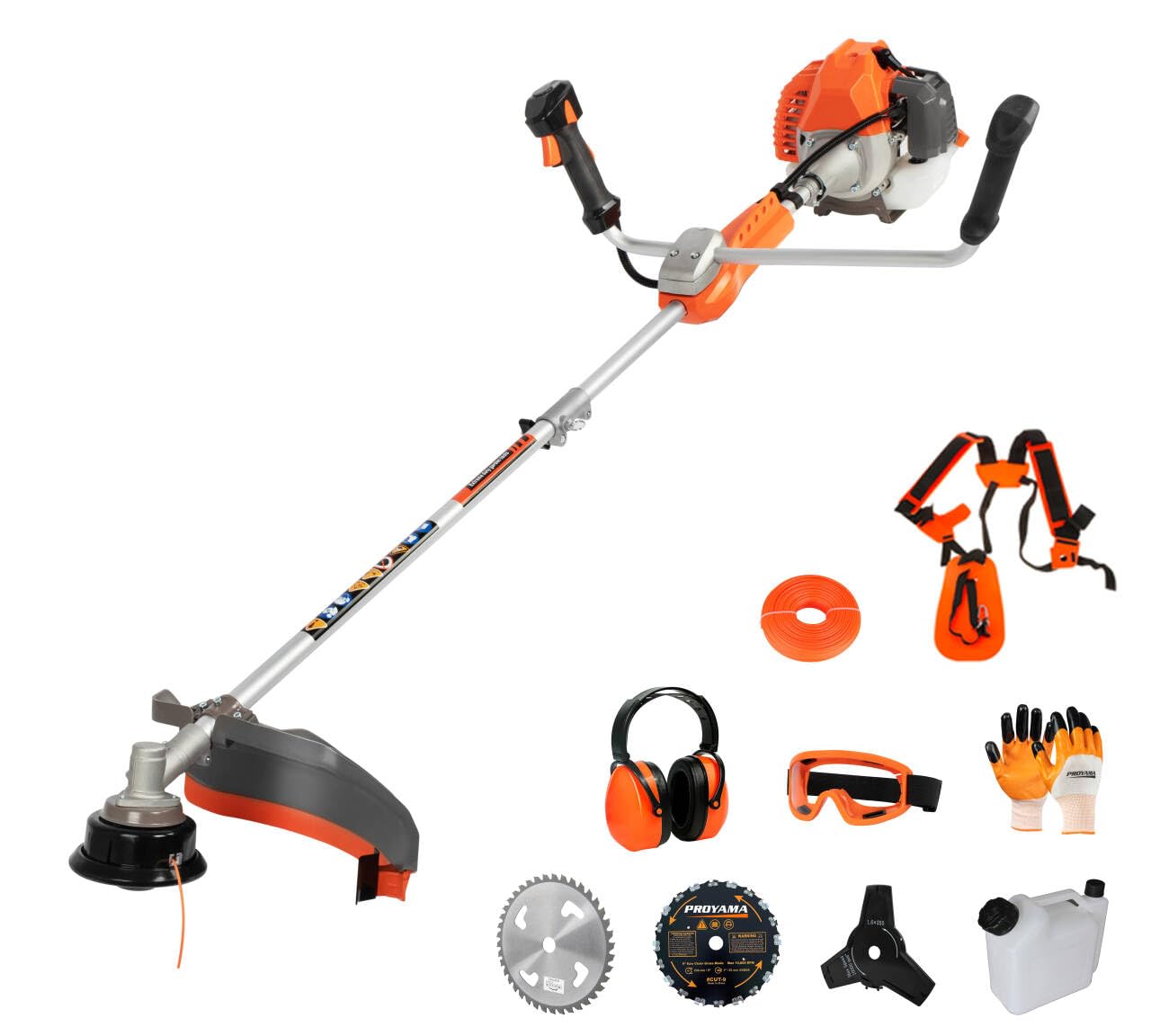PROYAMA 51.7cc 2-Cycle Gas Powered Weed Eater Weed Trimmer, 3-in-1 Gas String Trimmer and Brush Cutter, Anti-Vibration System Tube Orange