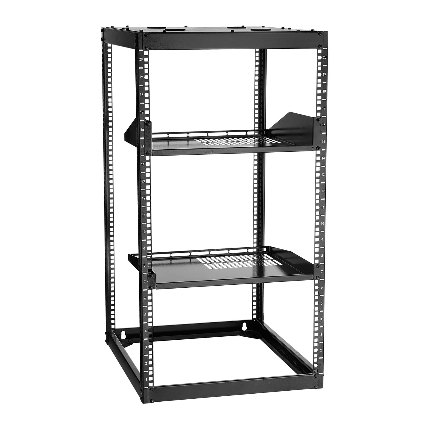 VEVOR 20U Server Rack, Open Frame Network Rack,4-Post Floor Standing or Wall Mounted, Includes 2PCS Vented 1U Rack Shelves & Mounting Hardware, Computer Wall Rack for 19" IT/AV Equipment