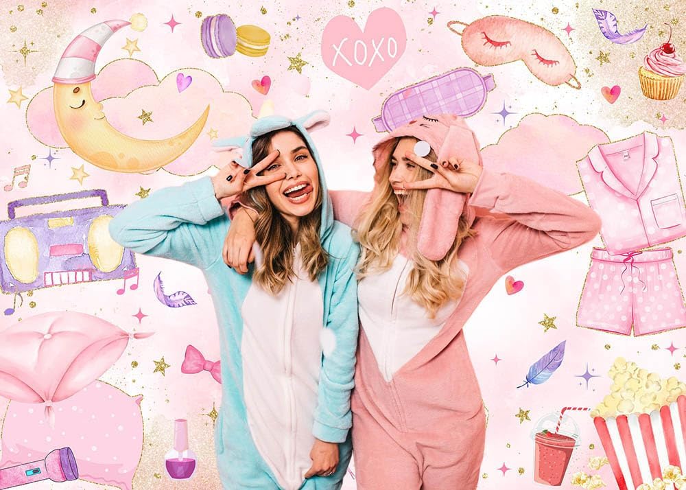 Mocsicka Sleepover Party Backdrop Slumber Party Supplies for Girls Pink Pajamas Girls Night Decorations Sleepover Spa