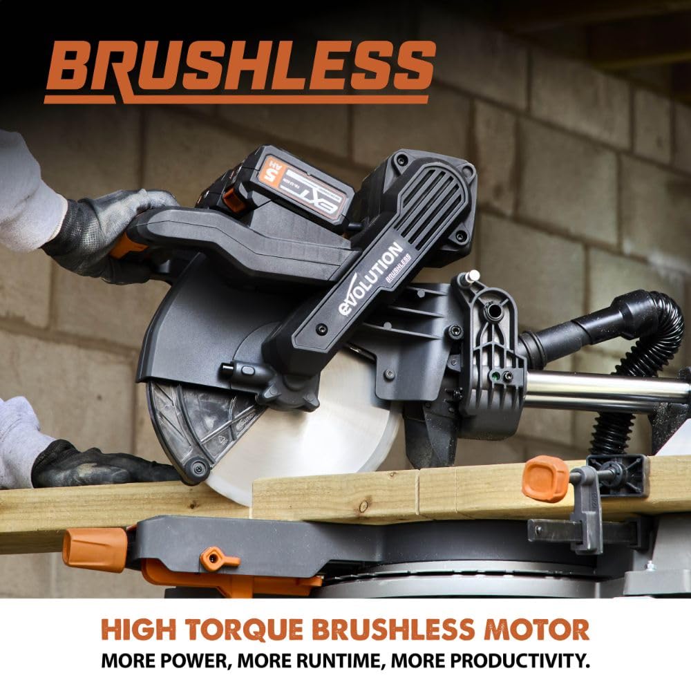Evolution R255SMS-DB-Li Cordless Dual Bevel Sliding Miter Saw | 40V Brushless Motor | 48° Bevel, 50° Miter | Compact & Lightweight | Includes Multi-Material Blade, Battery & Charger