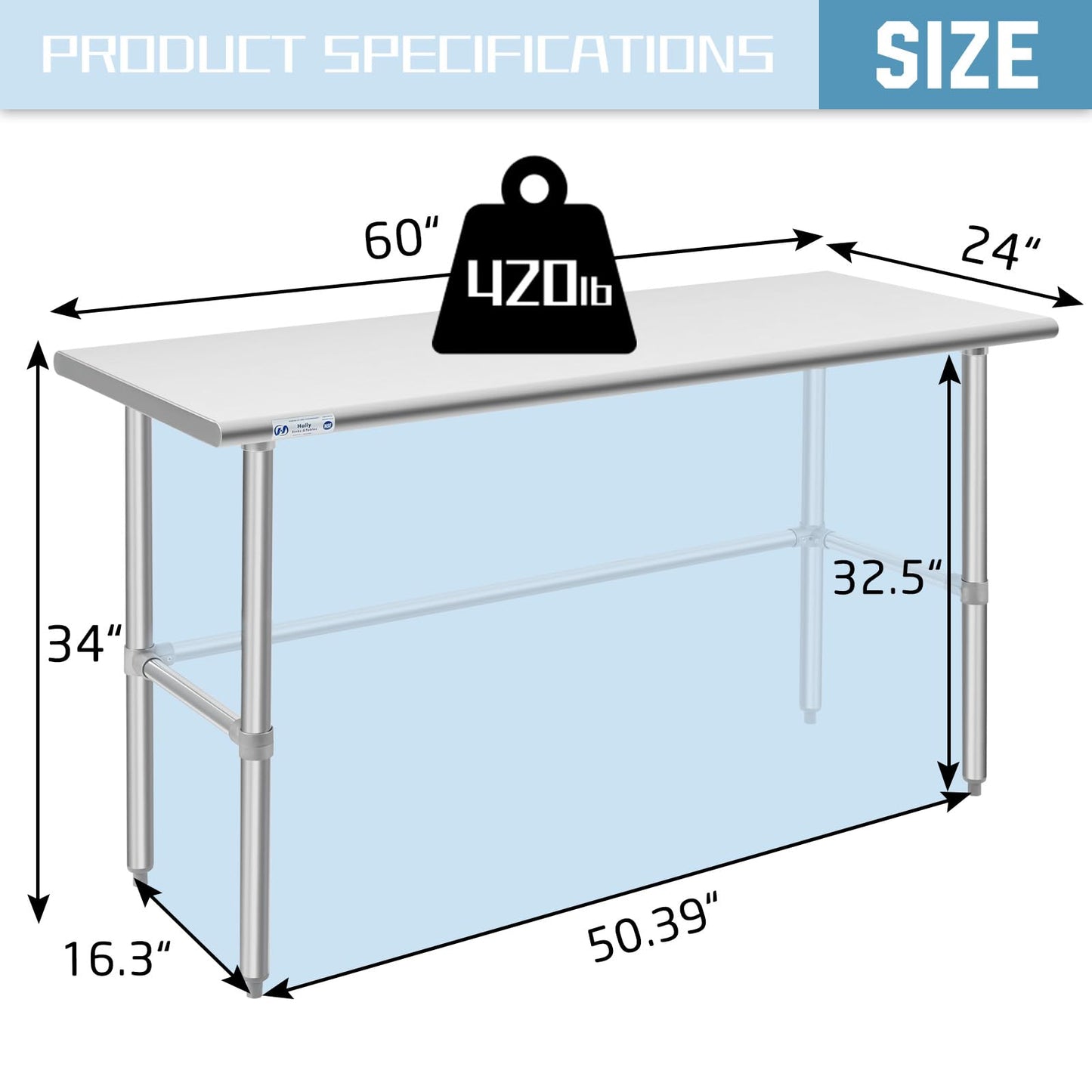 Hally Open Base Stainless Steel Table 24 x 60 Inches, NSF Commercial Heavy Duty Prep & Work Table with Galvanized Legs for Restaurant, Home and Hotel