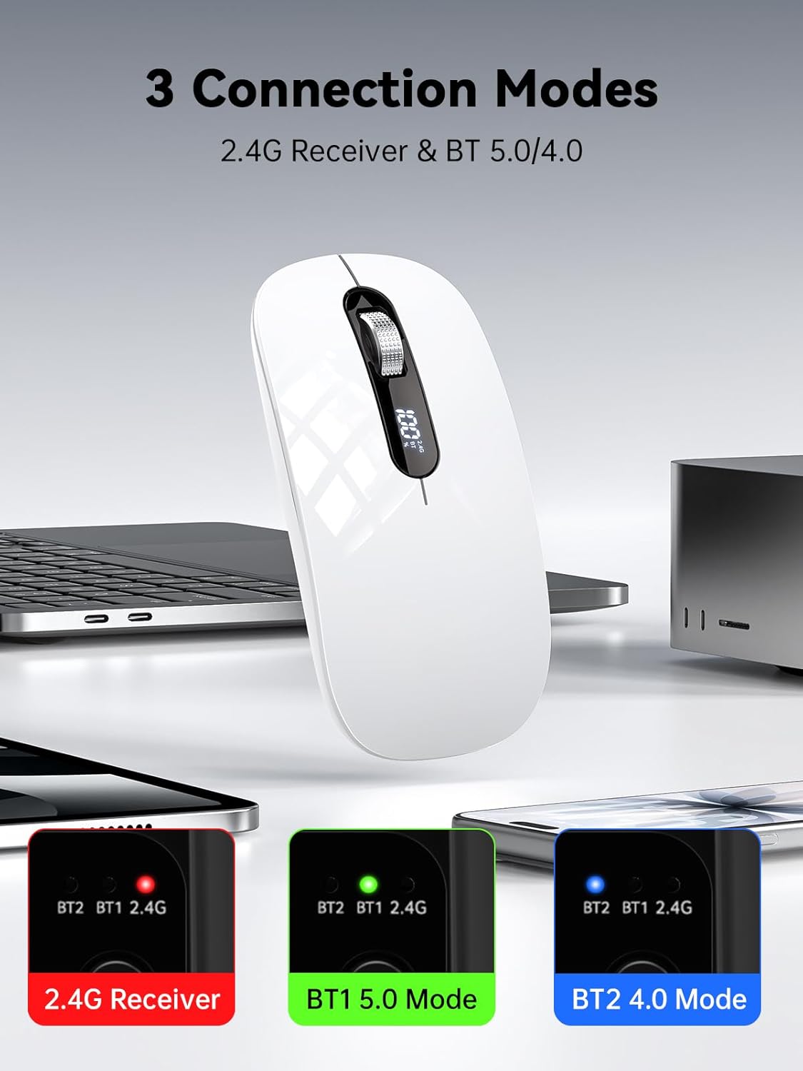 ASLDPUO 5.0/4.0 2.4G Wireless Bluetooth Mouse, Bluetooth & Tri-Mode, Type-C Rechargeable with LED Screen Display