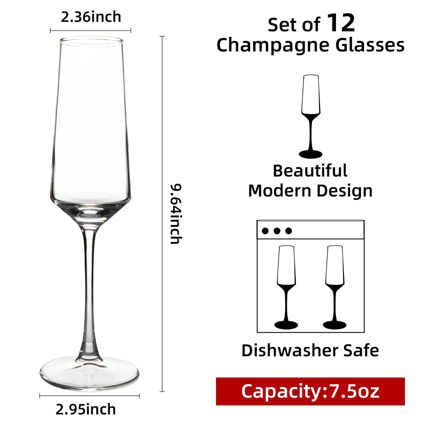 YANGNAY Champagne Flutes Set of 12, 7.5 oz Stemmed Champagne Glasses, Sparkling Wine Glasses for Party, Clear
