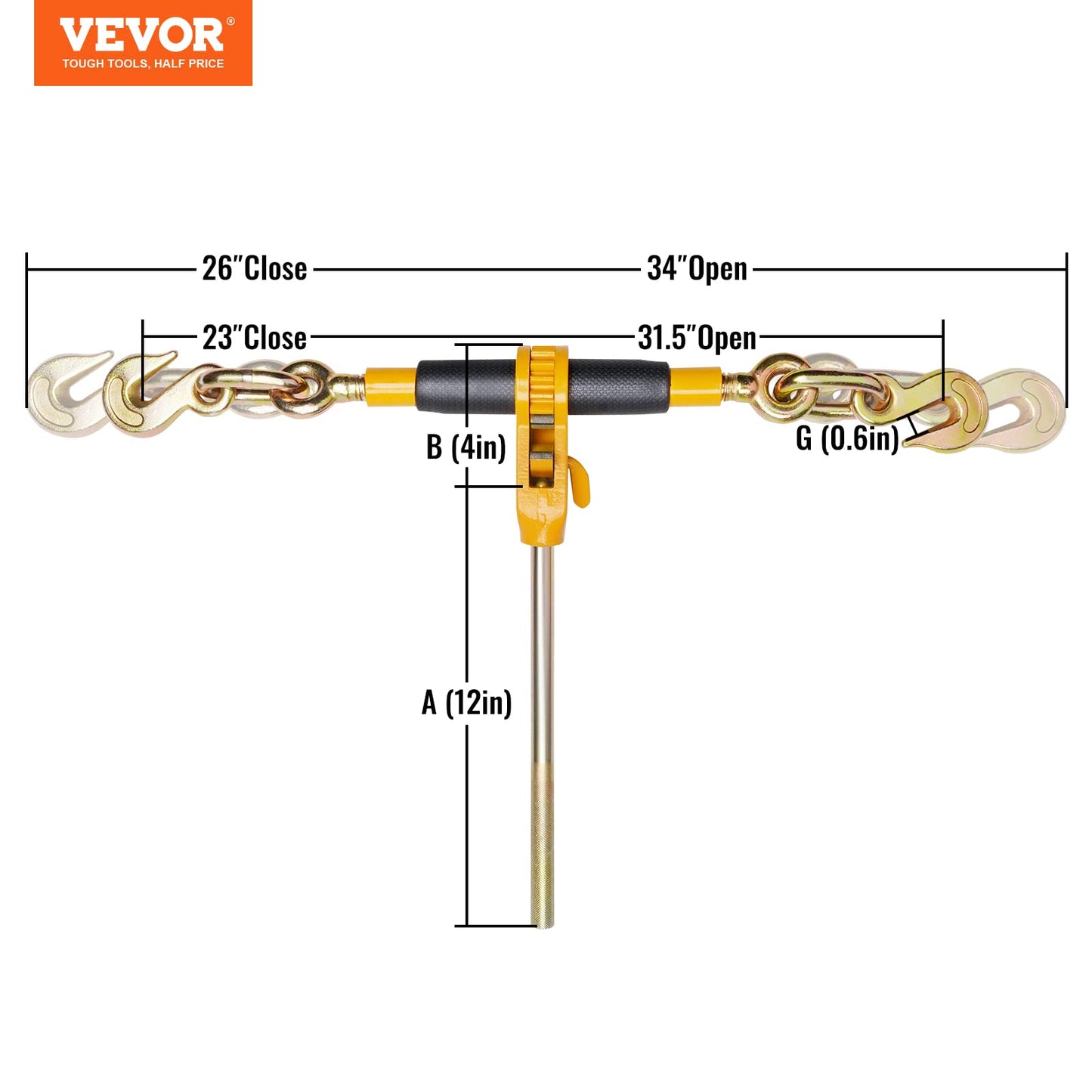 VEVOR Ratchet Chain Binder 3/8-1/2 12000 lbs G80 Hook Detachable Handle Heavy Duty Load Binder, Tie Down Hauling Chain Binders for Flatbed Truck Trailer, Black & Yellow