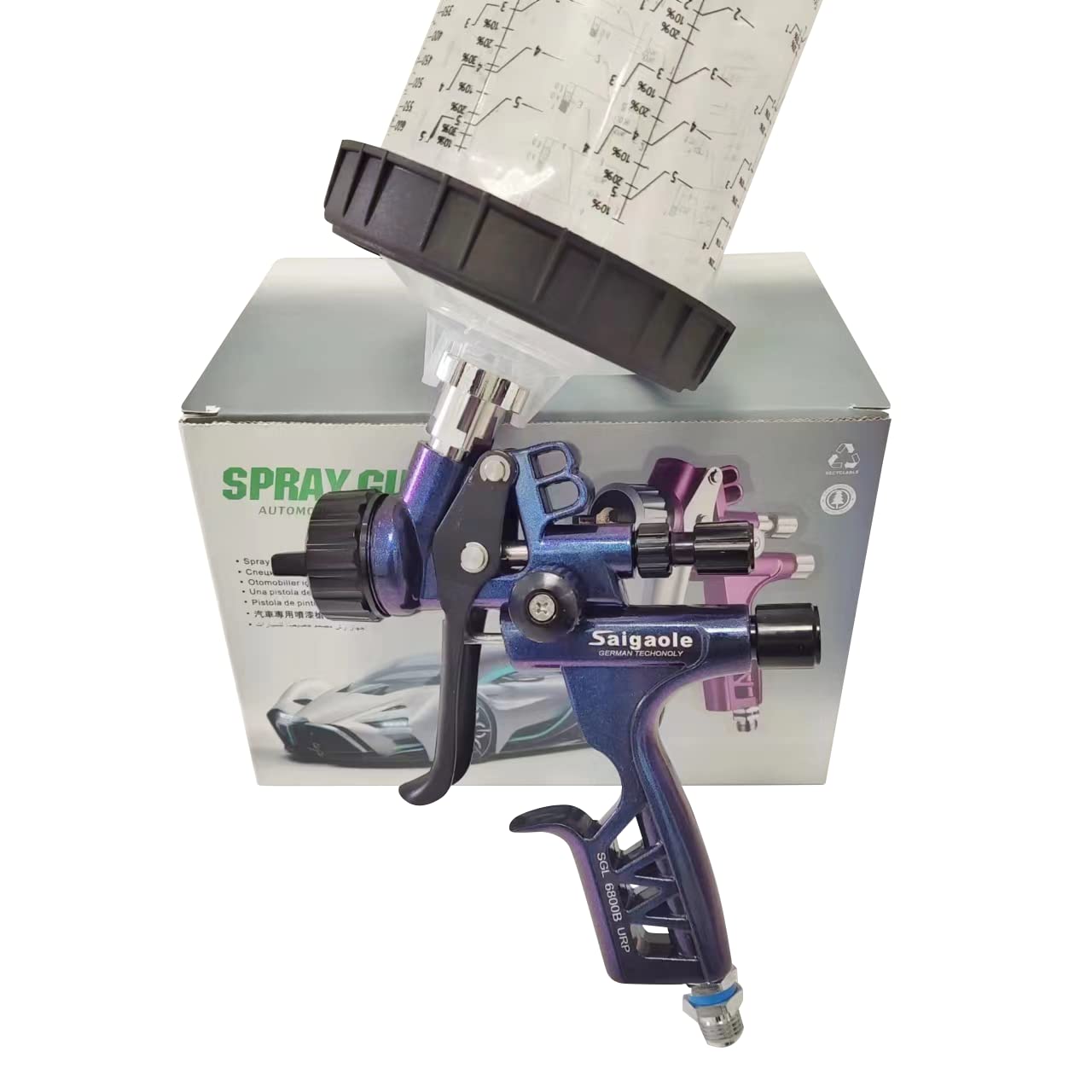 HVLP 6800B spray gun 1.3mm with no wash cup and adapter car spayer painting tool spray air paint gun airbrush low pressure 260L/MIn (Blue)