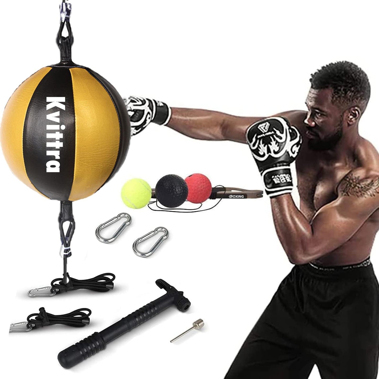 Kvittra Double End Punching Bag Boxing Striking for Training - Speed Ended Set Includes 3 Reflex Ball Headband and Pump- Portable MMA (Yellow)