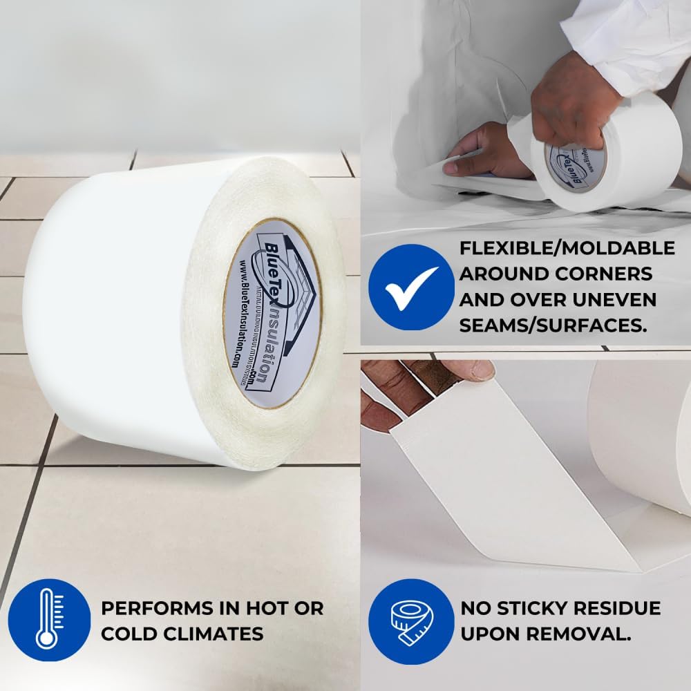 BlueTex Insulationㅤ 4'' Wide x 180' Long White Vapor Barrier Tape - 1 Roll, Waterproofing for Stucco, Crawlspaces, Repair, Underlayment Seams, Metal Building Seams, Excellent Air Barrier