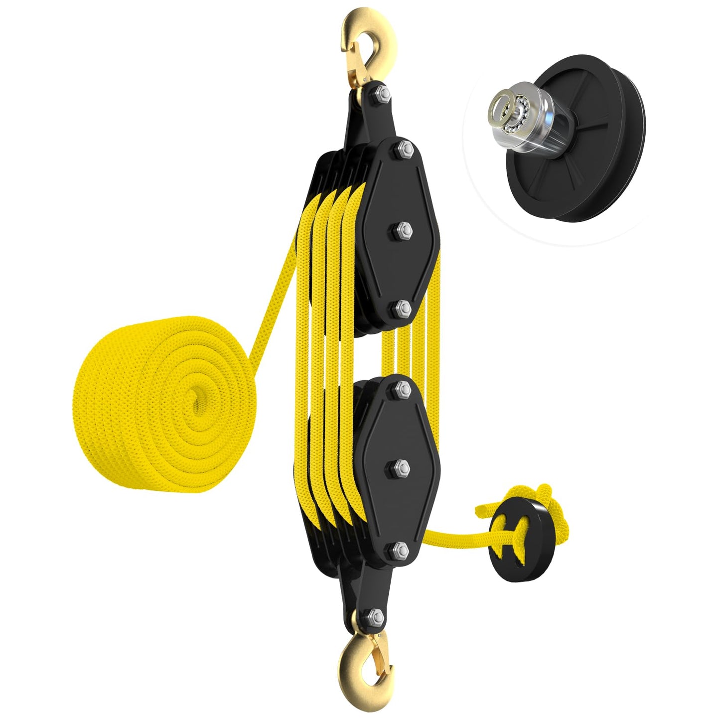 YATOINTO Rope Hoist Pulley System, 4400LB Pulley Block and Tackle, 8:1 Ratio Lifting Power 65ft, Heavy Duty Pulley Block for Hunting Lifting Heavy Objects Garage Warehouses Building (Yellow)