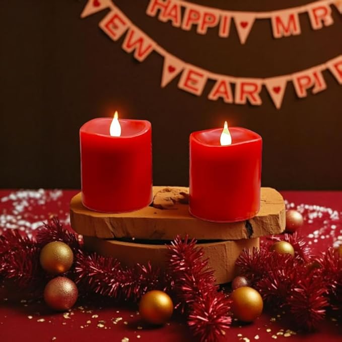 Red Flameless LED Candles 3 inch Diameter Real Wax 2AA Battery Operated 600hr+ Flickering Candles with Timer Remote Control for Halloween Thanksgiving Christmas Wedding Indoor (Red, 3″×3″- 2 PCS)