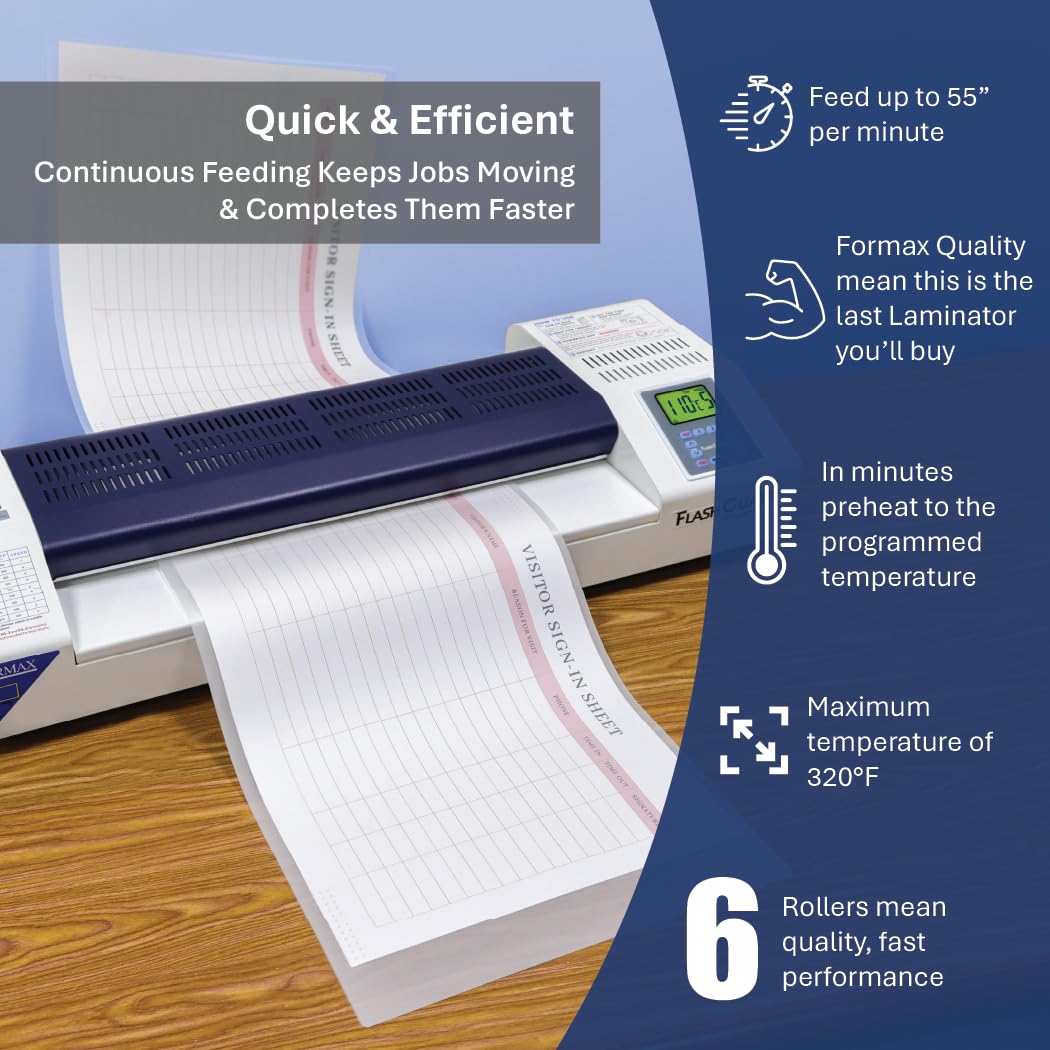 Formax FlashGuard 18R6 Laminator; 1500W; 110-120V, 50/60Hz; 15A; 18" Infeed; Heavy-Duty 6 Roller System; All-Metal Construction; Graphics-Based LCD Screen; Variable Temperature and Speed