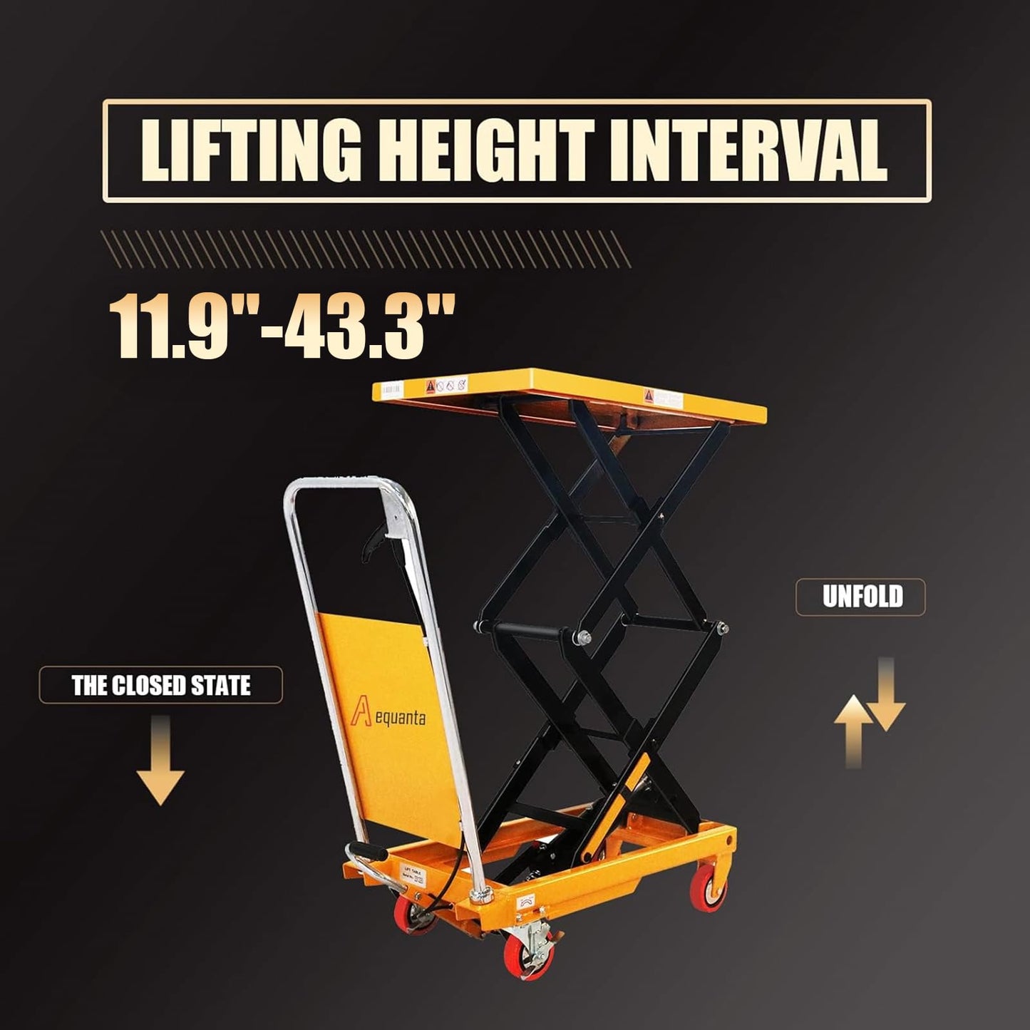 Aequanta Hydraulic Lift Cart Table Manual Double Scissor Lift Table 330lbs Capacity 43.3" Lifting Height