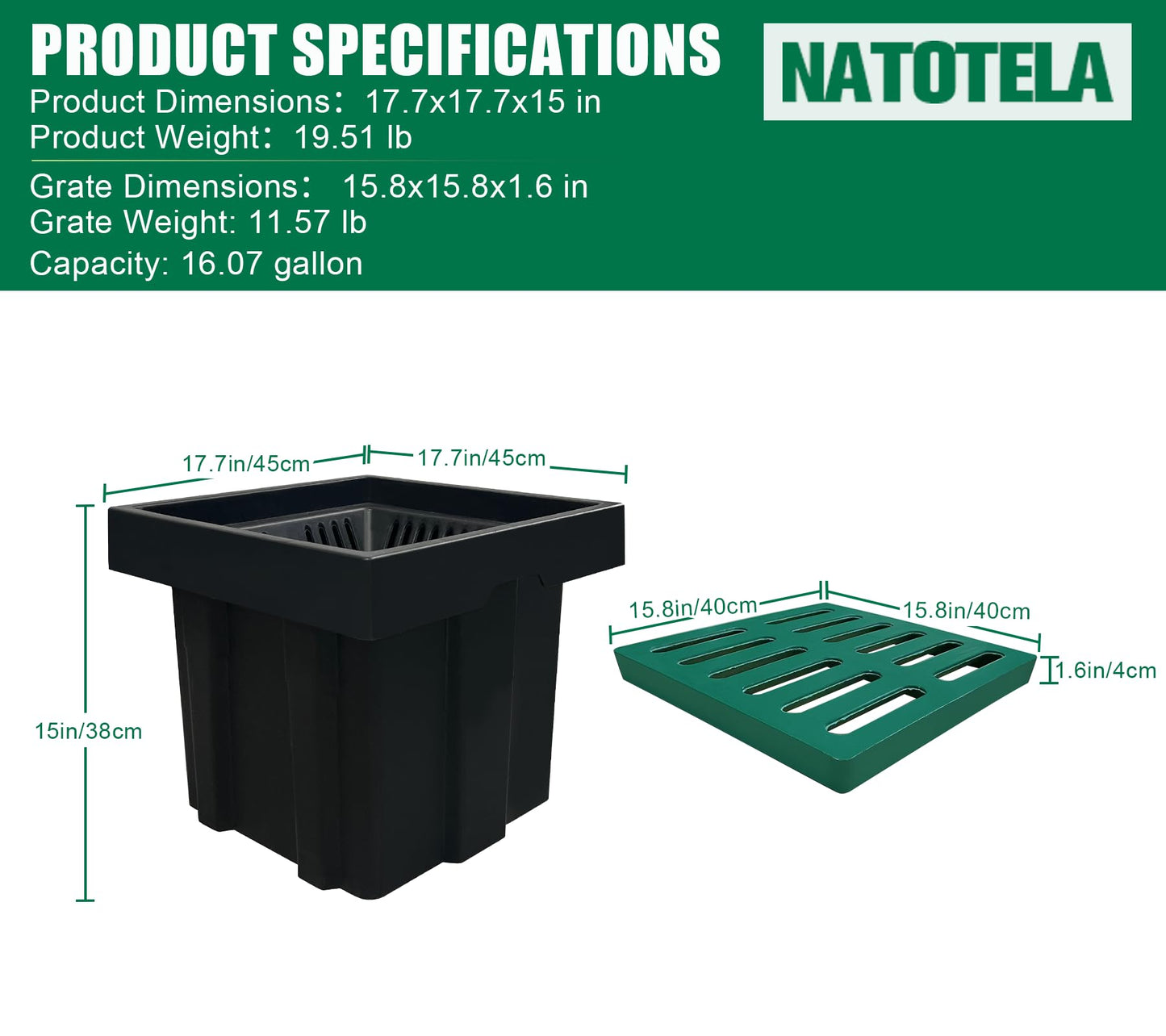 Natotela Catch Basin for Drainage with Fiber Glass Grate-18x18x15 in. Large Drainage Basin with Debris Basket,A15 French Drain Basin Without Reserved Hole for Yard,Downspout,Lawn,Municipal Pipeline