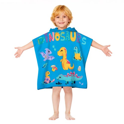 growell Hooded Kids Beach Towels - Toddler Bath Towel Girls Boys Swim Cover-ups for Ages 1 to 6 Kids Pool Towels Quick Dry Lightweight Soft Microfiber Poncho Towel 24x23 (Dinosaur Sky Blue)
