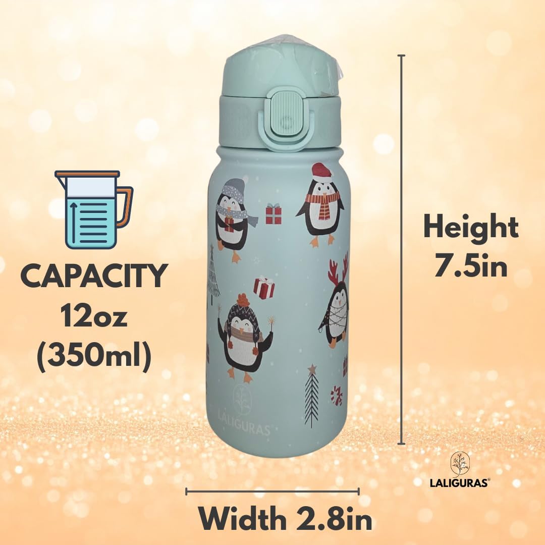 Skiennix Kids Stainless Steel Water Bottle - 12 oz Insulated Thermos with Straw Lid | Leakproof BPA-Free (Light Blue Arctic Pals)