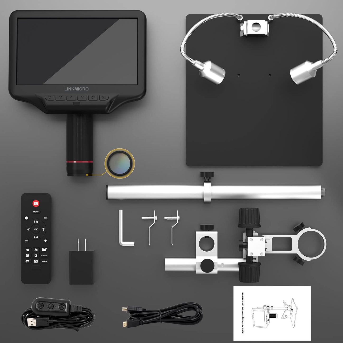 LINKMICRO LM407 Pro HDMI Digital Microscope for Soldering with 13'' Boom Arm Stand, UHD 2160P Video, Electronic Microscope Camera with 7 inch Screen for Adults Repair PCB, 270X, UV Filter