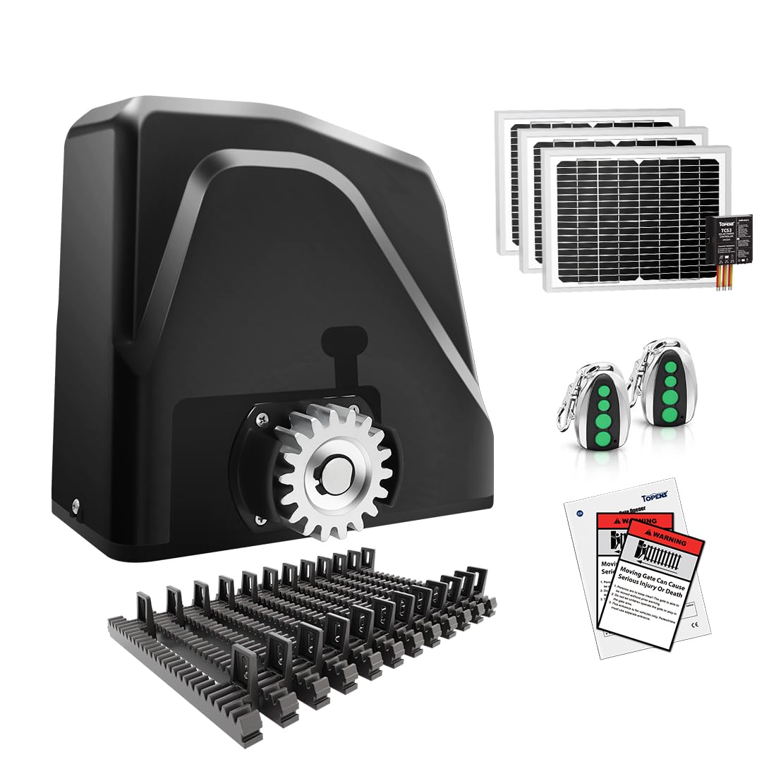 TOPENS DKR1100ST Solar Sliding Gate Opener Rack Drive Automatic Gate Motor for Heavy Driveway Slide Gates Up to 2600 Pounds, Electric Gate Operator Battery Powered with Solar Panel Remote Control Kit